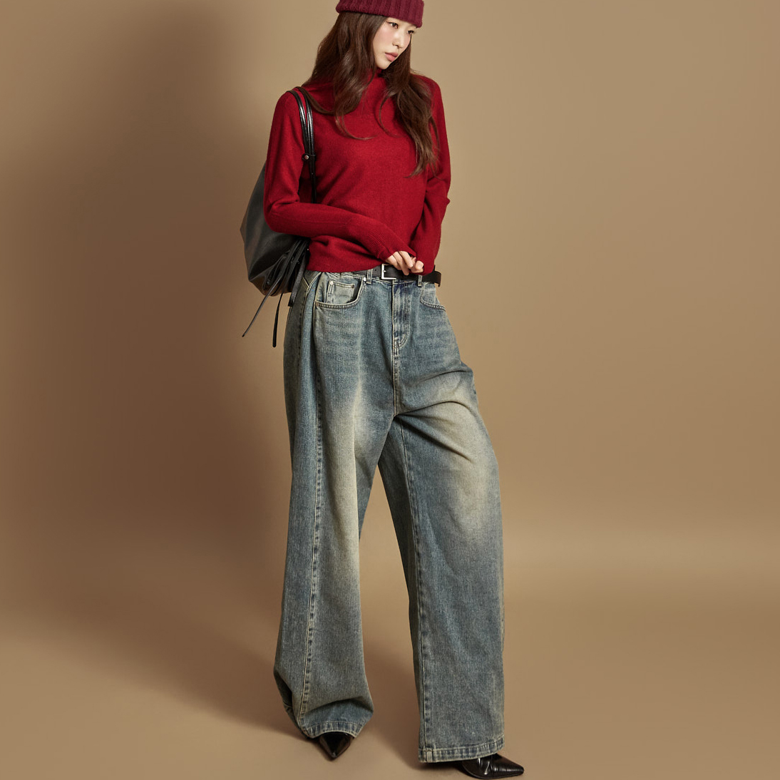 PJ617 钮扣阔腿牛仔裤