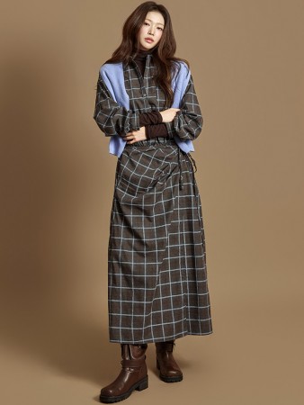 D5388 格子绑带衬衫连衣裙 Korea