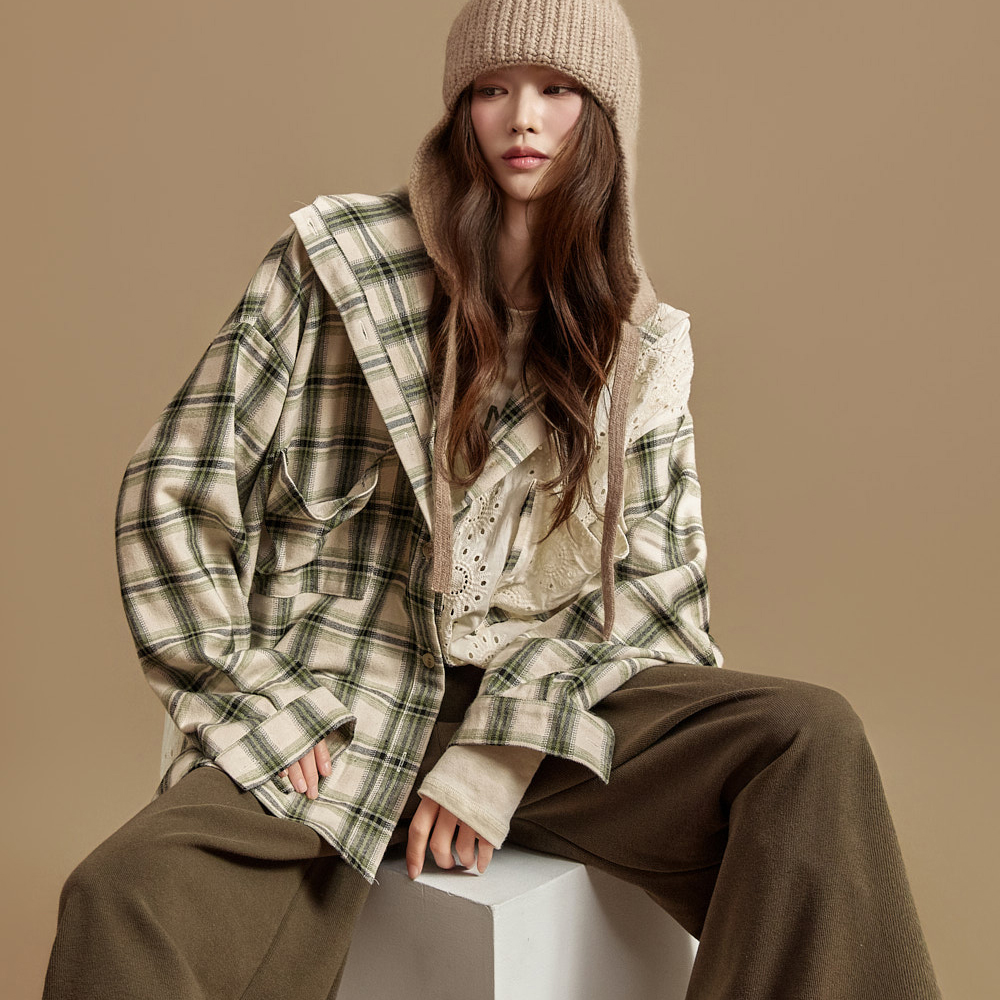 S825 格子帶帽衬衫