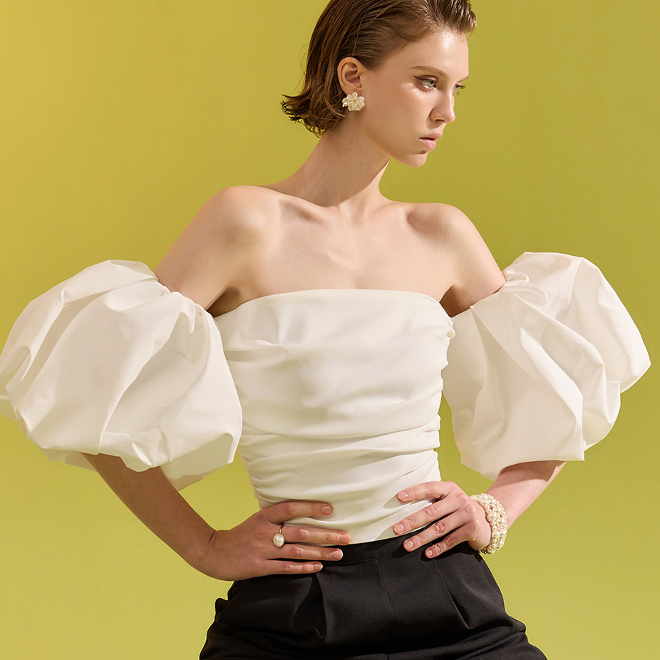 B9121 泡泡褶皱露脐雪纺衫