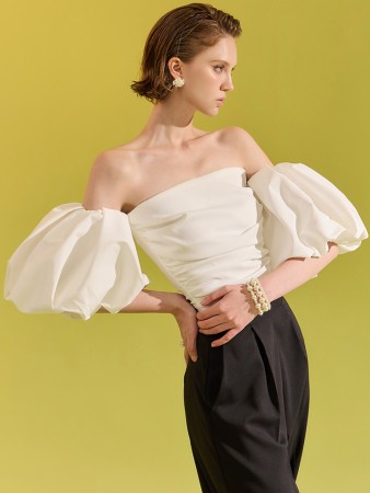 B9121 泡泡褶皱露脐雪纺衫 Korea