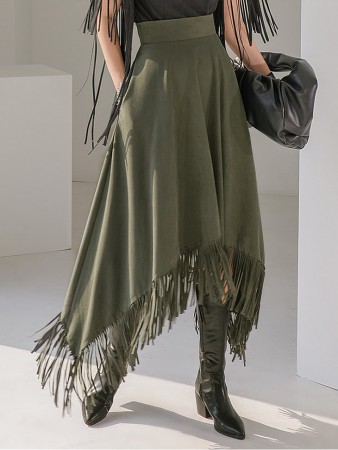 SK9111 麂皮编织流苏不平衡半身裙 Korea
