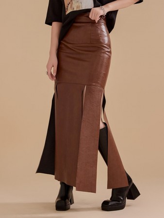 SK9185 皮革高腰开衩长裙 Korea