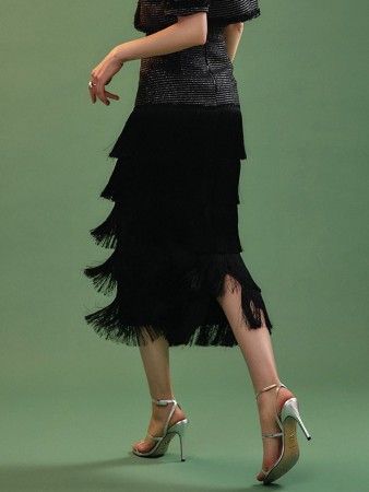 SK9201 粗花呢康康流苏中长裙 Korea