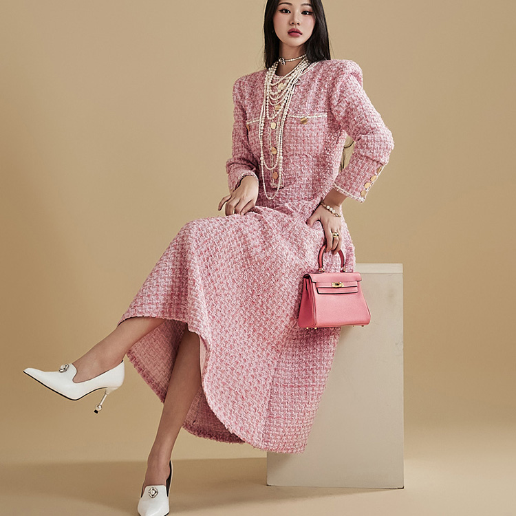 D4829 花呢喇叭长连衣裙