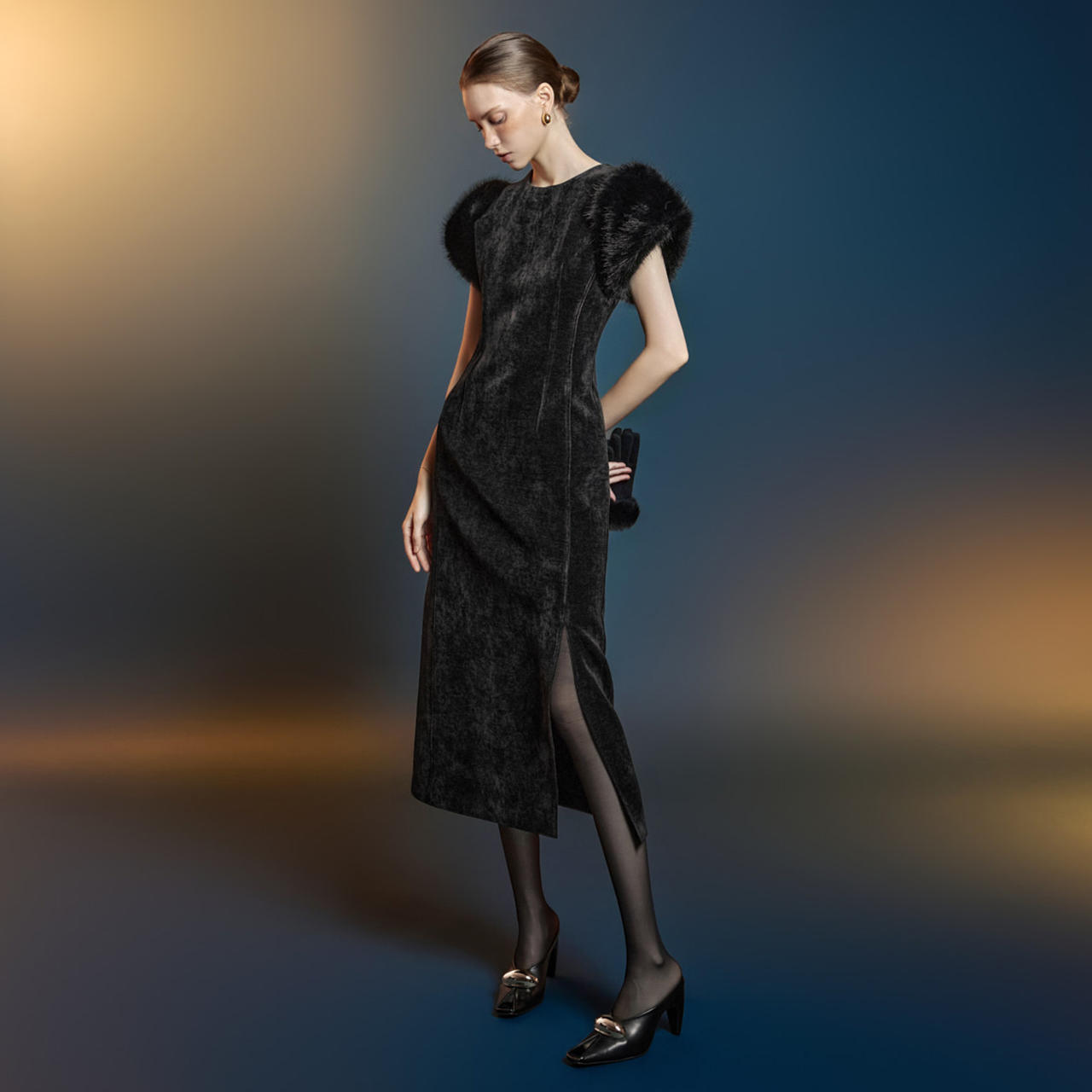 D9572 皮草拼色連衣裙