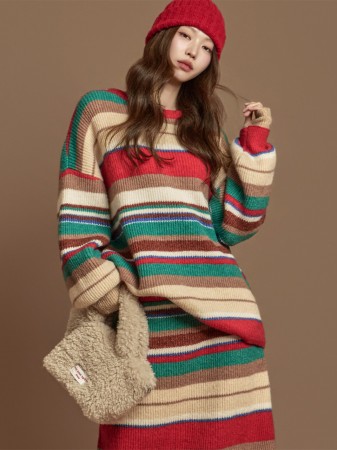 E4061 條紋 拼色 針織 Korea