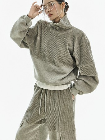 E4082 燈芯絨 加絨 拼色 運動服 Korea