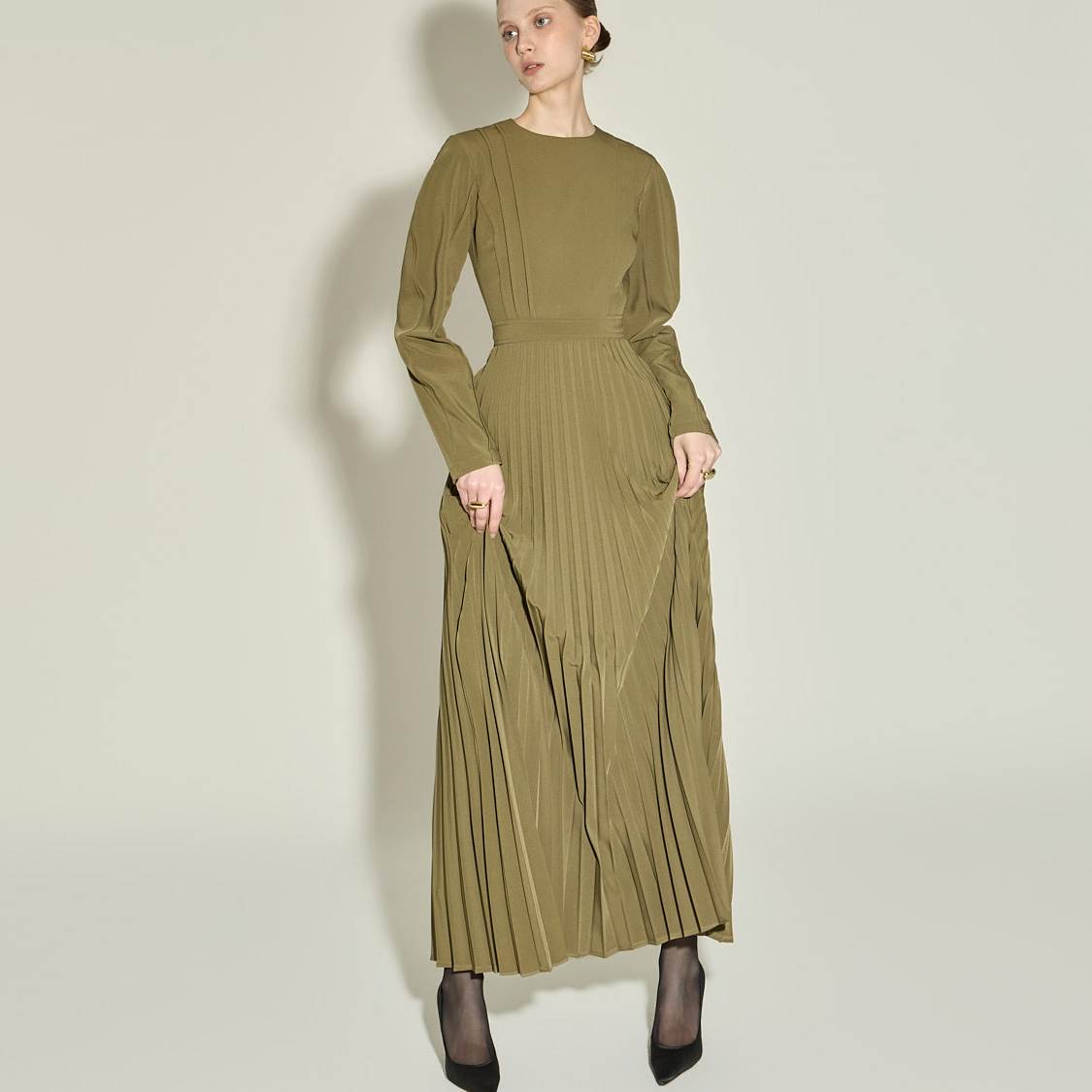 D9583 百褶 泡泡袖 連衣裙