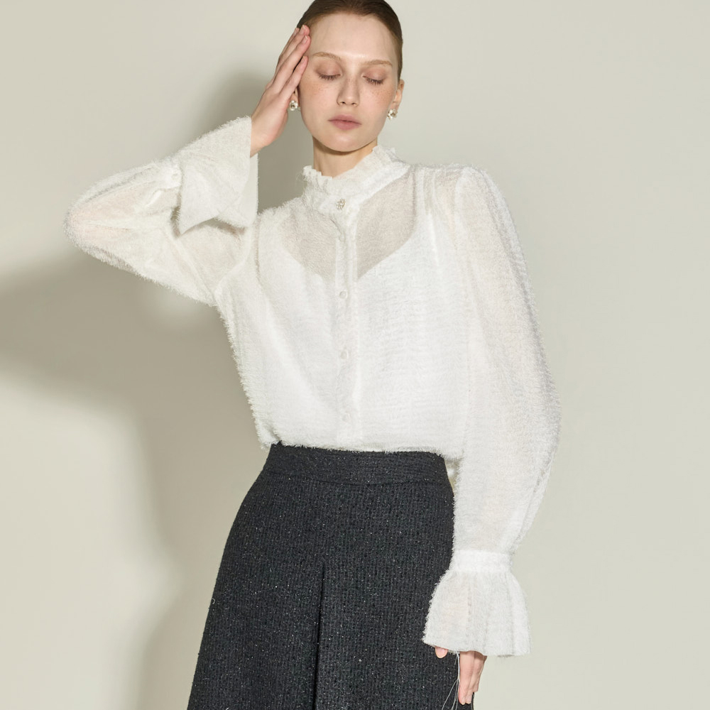 B3163 荷叶边 高领 雪紡衫